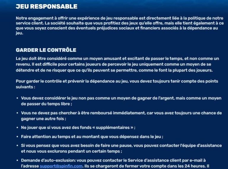 jeu responsable Spinfin Casino